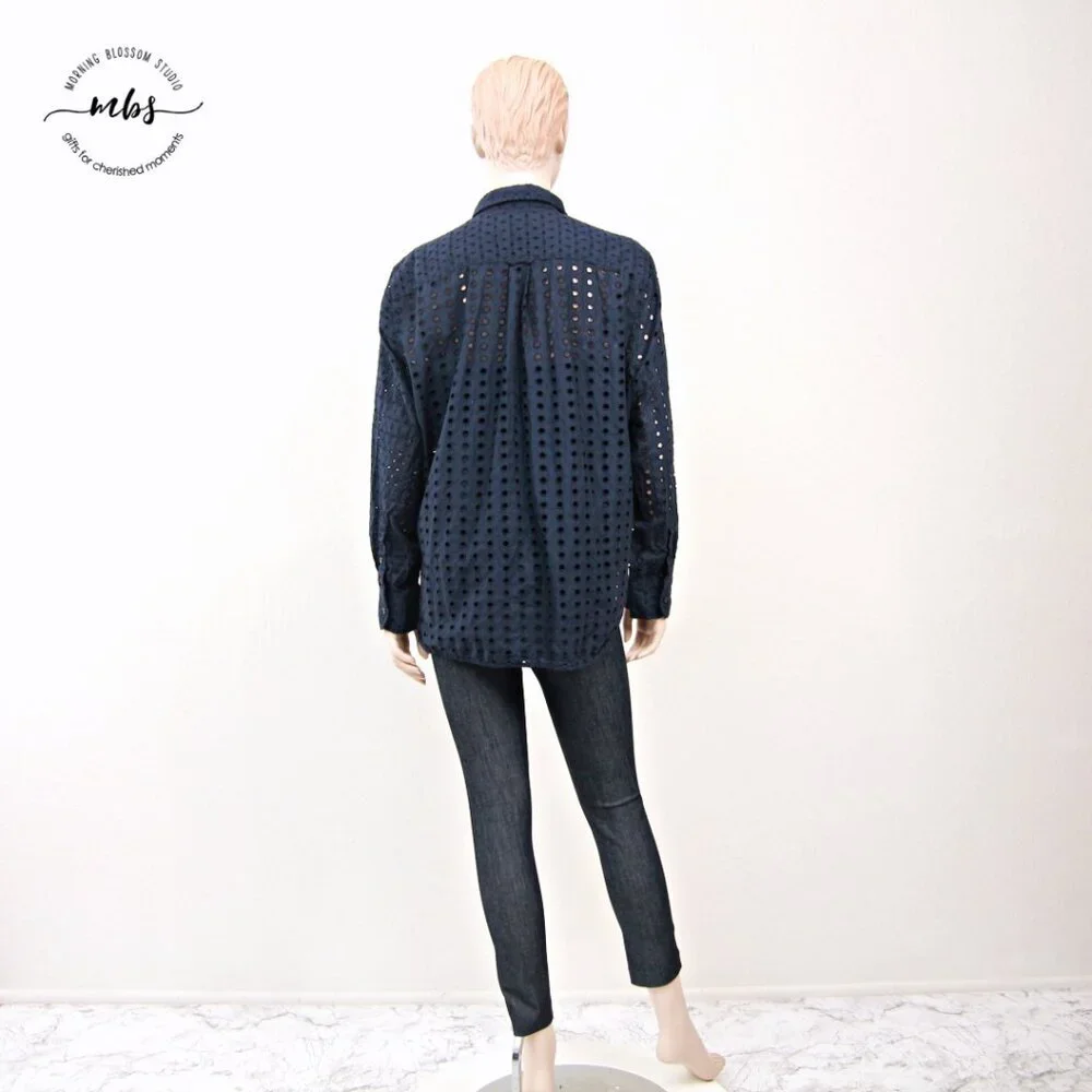 J. Crew Classic Fit Eyelet Button Down Cotton Shirt With Camisole Navy Women‎ 3X